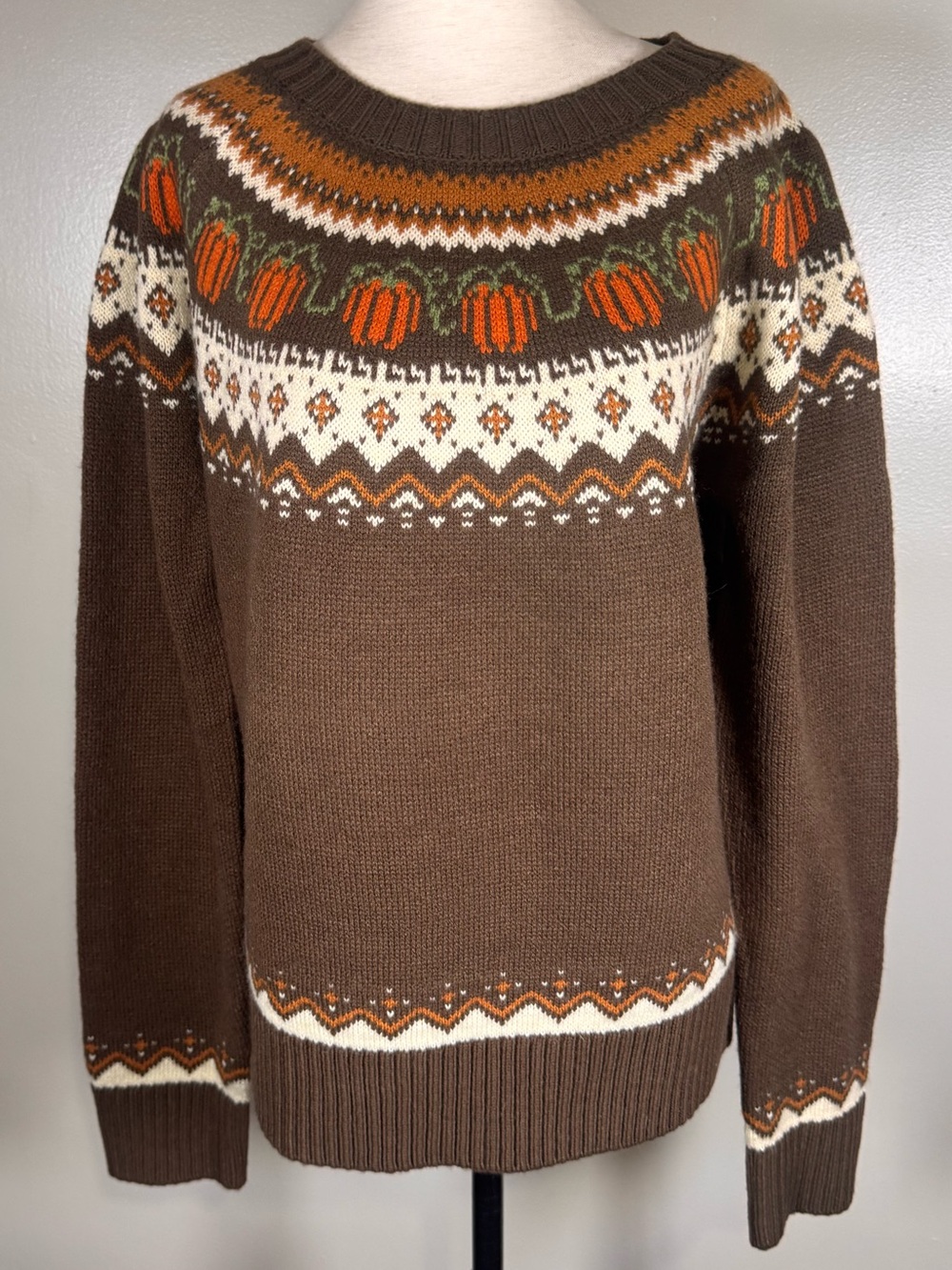 Kiel James Patrick Sz L Pumpkin Fair Isle  Halloween Wool Blend Cabin Sweater